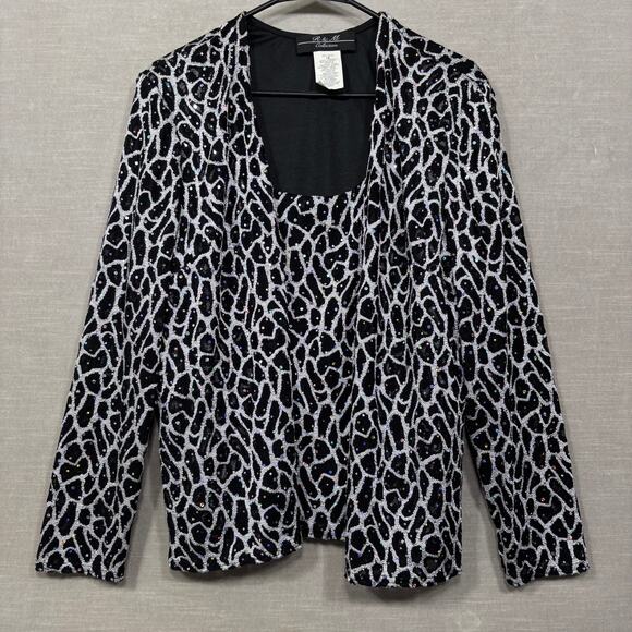 R&M Collection Abstract Animal Rhinestone Blouse Jacket 18 Black White Statement - Picture 1 of 7
